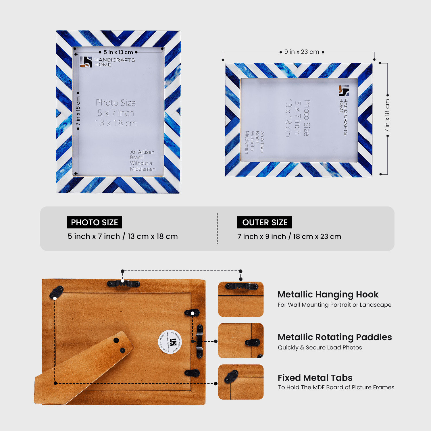 Handicrafts Home 5x7 Picture Frame, Blue Chevron Bone Inlay Photo Frame, Wall or Tabletop Picture Frame for Home Wall Decor