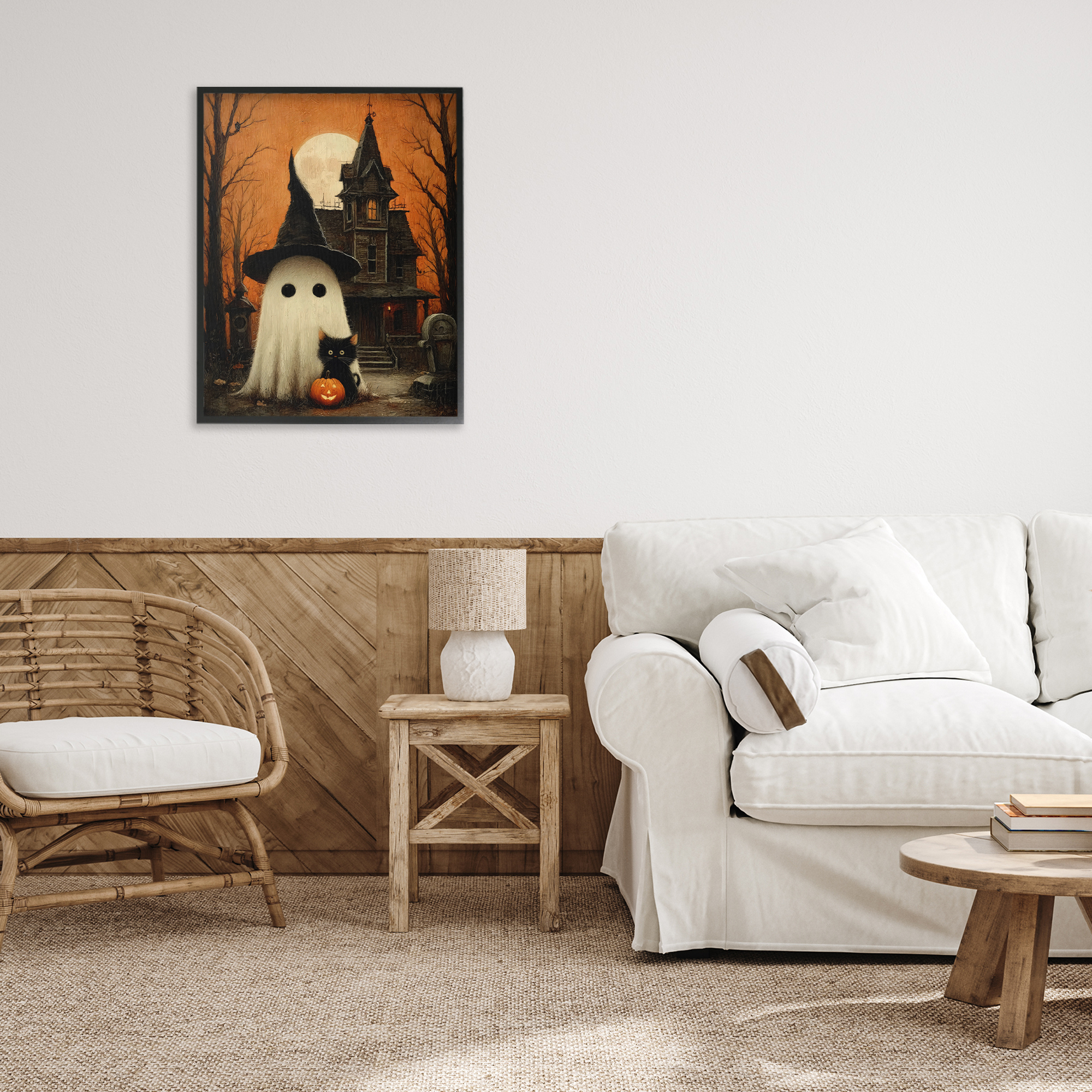 Cute Ghost & Haunted House Black Framed Giclee Art, design by Arlington Prints