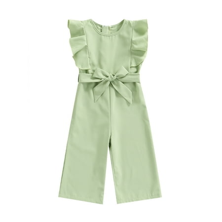 

AMILIEe Girls Solid Color Round Neck Sleeveless Flounced Romper with Waist Belt for Summer 1-6 Years