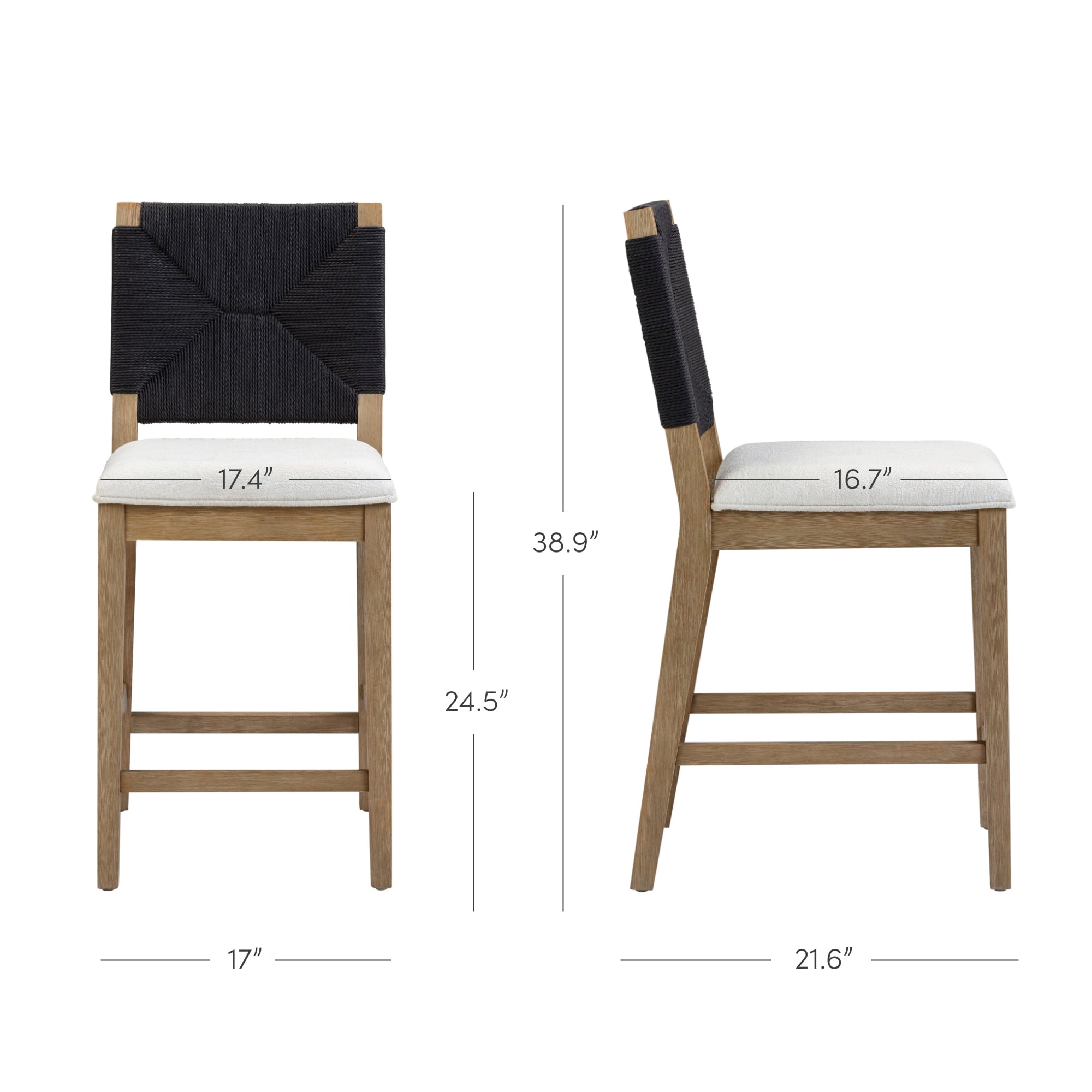 Nathan James Beacon Bohemian Boucle Bar Stool, Upholstered Bar Stool or Island Chairs for Kitchen, Seagrass Counter Height Stool with Back and Solid Wood Legs, Cream Boucle/Gray