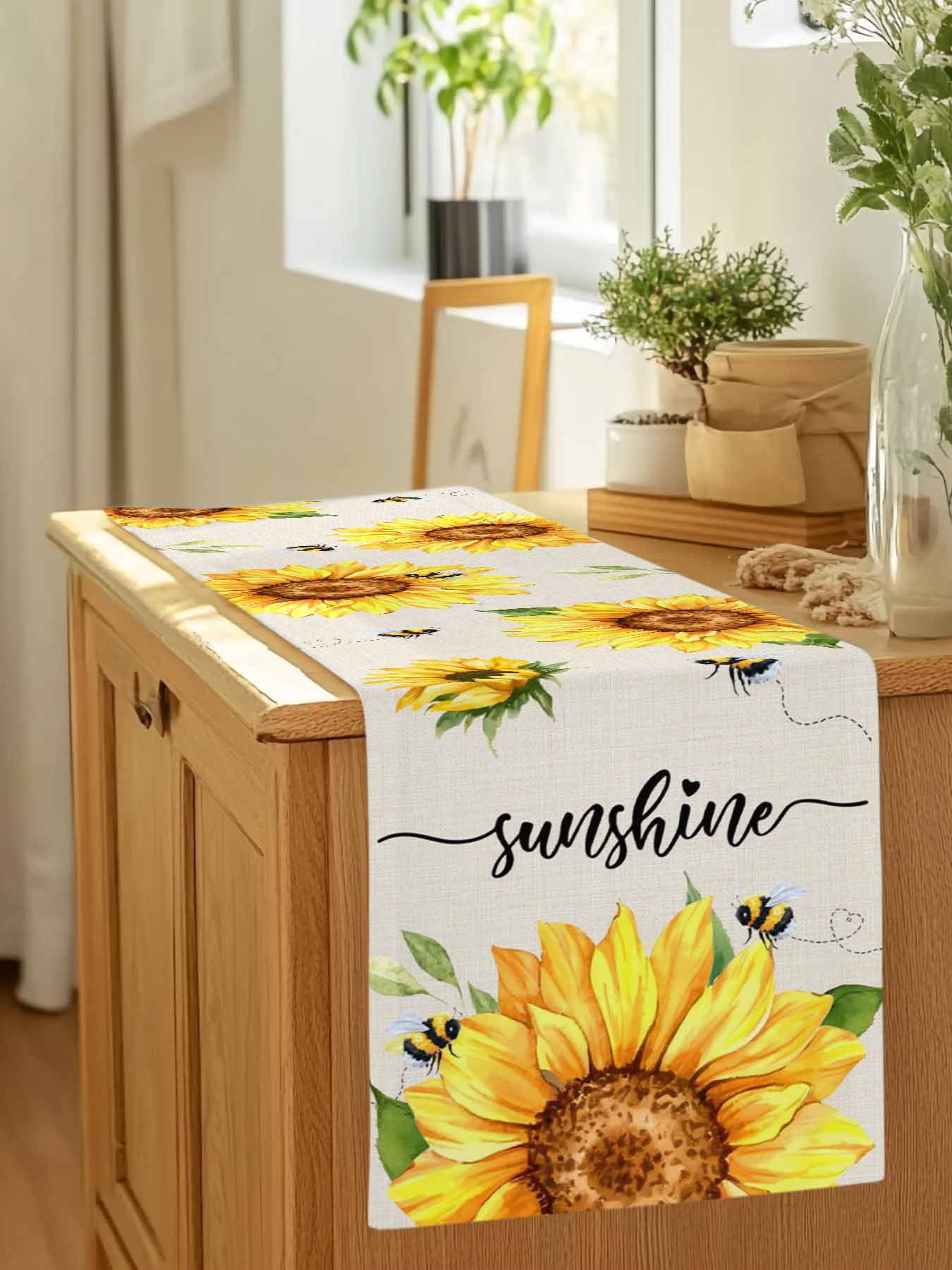 Sunflower Bee Leaves on Linen Table Runner 90 Inches Long, Summer Sunshine Quote Table Runners Tabletop Scarf Kitchen Dining Tables Decoration for Home Party Indoor Outdoor