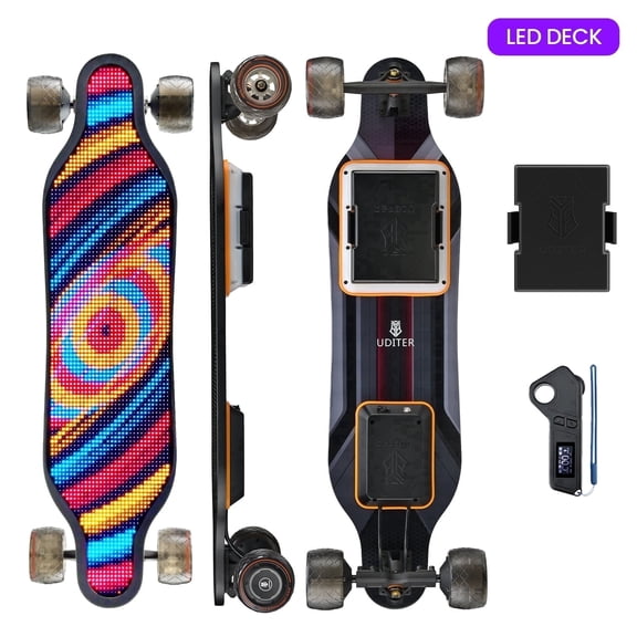 UDITER Pixel Rider Electric Skateboard with Full-Deck LED Display and Swappable Battery, 28 mph, Dual 600W Motors