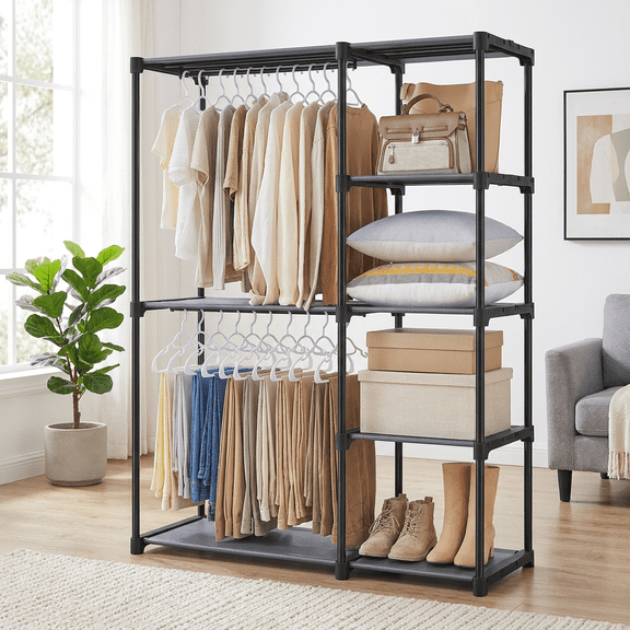Ledrem Gray Freestanding Closet Organizer, Portable Wardrobe Rack with 4 Shelves & 2 Hanging Rods, Steel