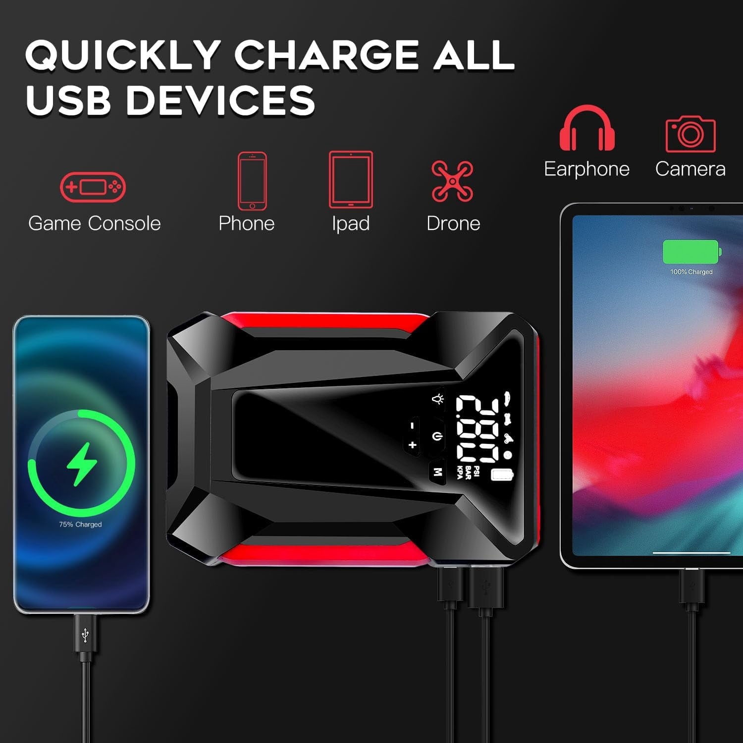 XEENSO Car Jump Starter, 4000A Peak Car Battery Charger with Air Compressor, 12V Jump Box for Car Battery with Emergency LED Light, Power Bank, Leather Storage Bag
