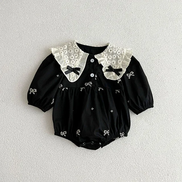 Korean Bow Embroidered Baby Bodysuit Spring Cute Girls Long Sleeve Butterfly Collar Dress Children's Clothes Sisters Dress