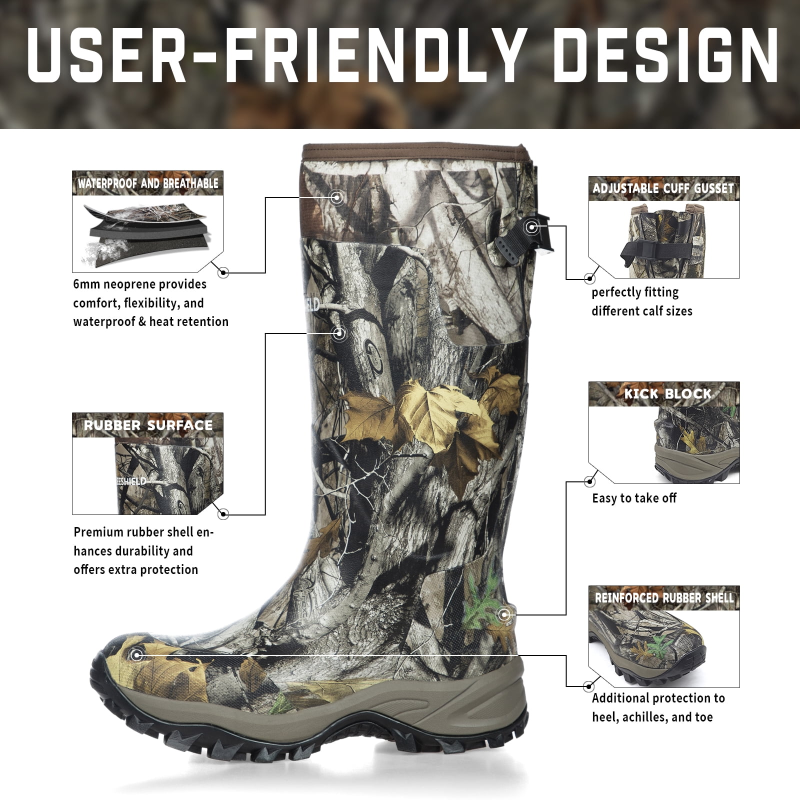GIEESHIELD Rubber Boots for Men & Women – Ultra-Light Waterproof 6mm Neoprene Insulated Boots with Anti-Slip Sole, Warm Hunting & Rain Boots for Farming, Snow, Mud(Black, Next Camo G2)