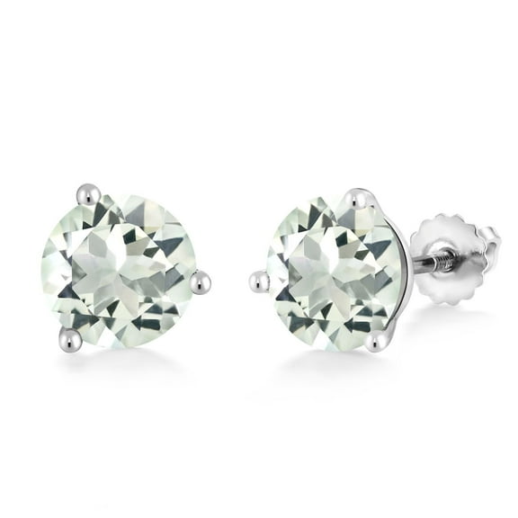 Gem Stone King 14K White Gold Green Prasiolite 3 Prong Martini Screw Back Stud Earrings for Women Men (3.70 Cttw, Gemstone Birthstone, Round 8MM)