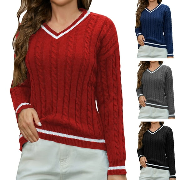 Antinious Womens Solid Fall Tops Long Sleeve V-Neck Casual Knit Sweater Blouse,Winter Sweatshirt for Women,Going Out Tops for Women,Black,L