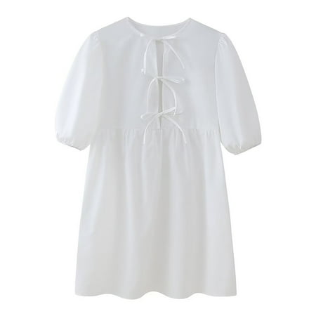 Leesechin Womens Summer Lace Dresses Eyelet Casual Flowy Babydoll Swing Short Sleeve V Neck Tunic Dress