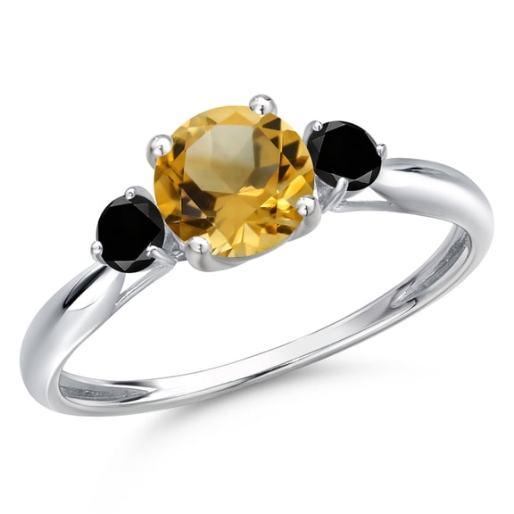 Gem Stone King 10K White Gold Yellow Citrine and Black Diamond 3-Stone Ring for Women | 1.00 Cttw | Round 6MM | Gemstone November Birthstone | Size 7