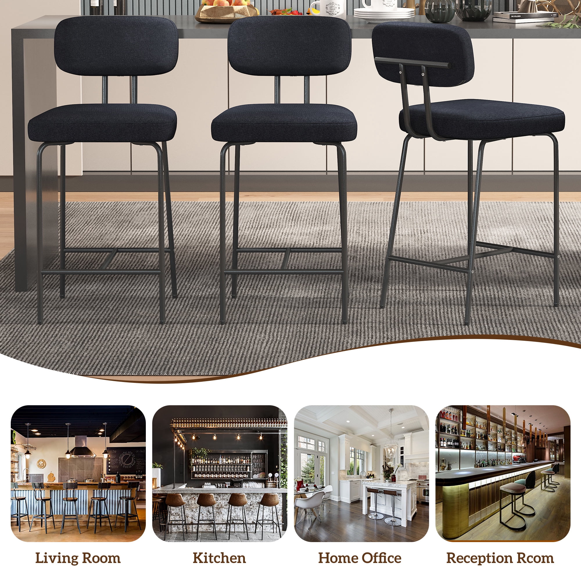 HomeZeer Counter Height Bar Stool Chairs Set of 4, 26" Kitchen Island Barstools with Back and Footrest, Square Line Fabric Upholstered Bar Chair ,Black