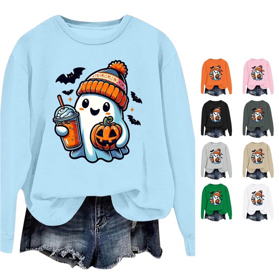 Halloween Sweatshirt for Women Hoodless Sweatshirt Oversized Crewneck Sweatshirt for Women Long Sleeve Pullover Comfort and Relaxed Fit Blue L