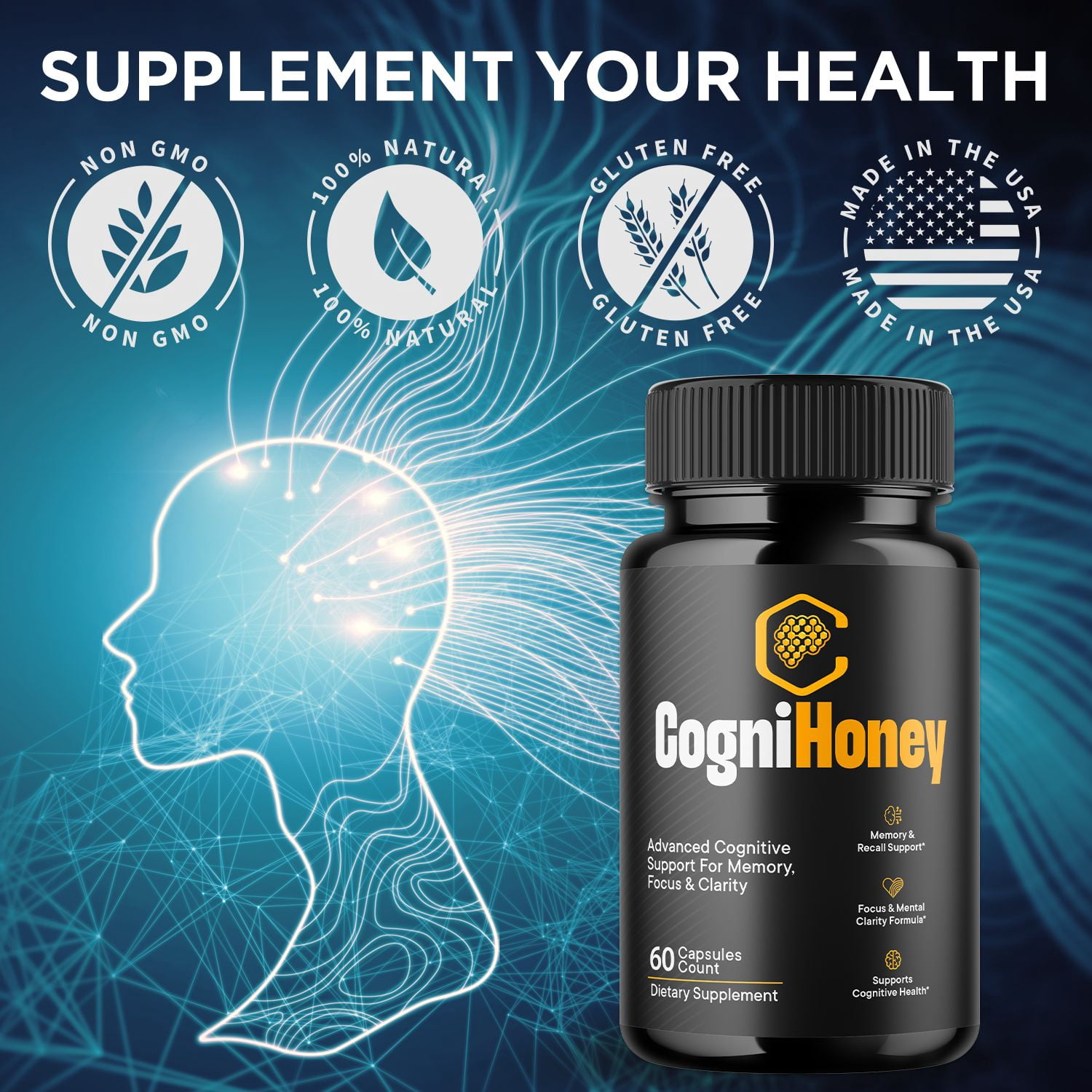 CogniHoney Advanced Formula Brain Support Pills Maximum Strength Supplement Cogni Honey 120 Capsules