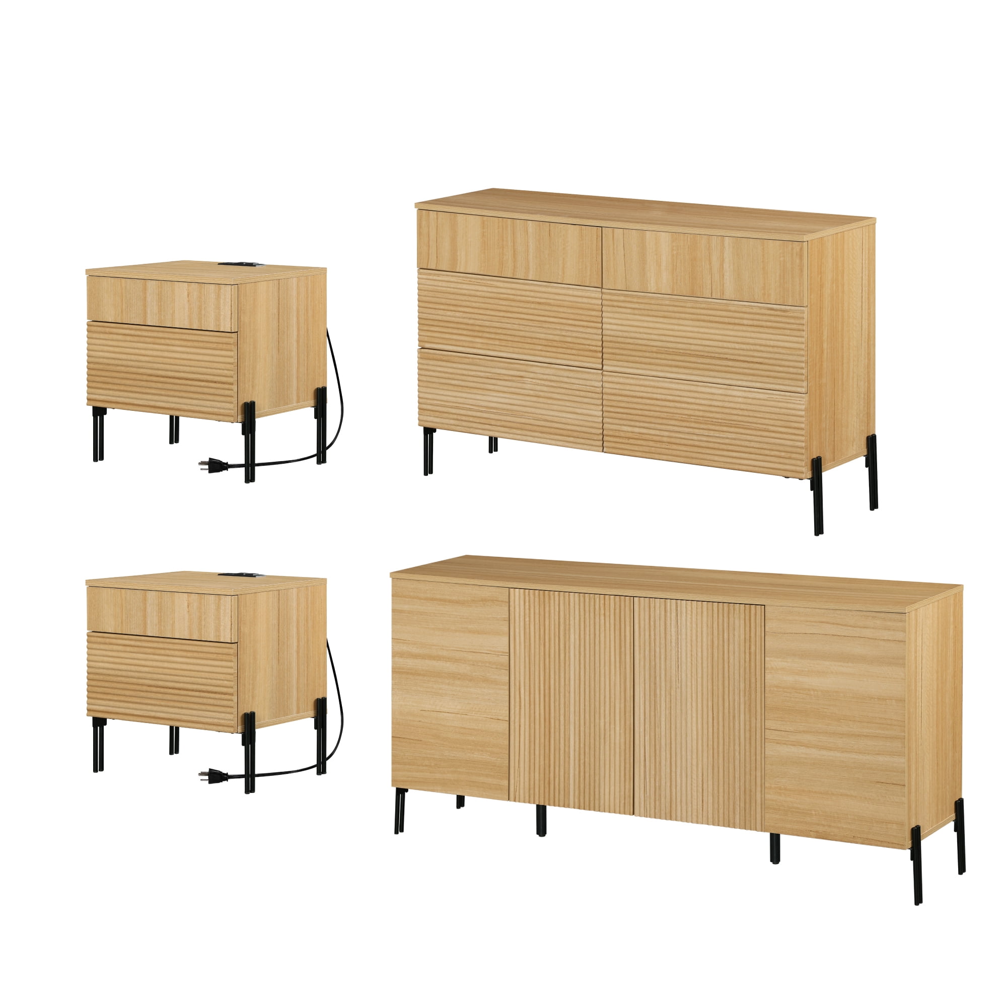 4 Pcs Bedroom Set,6 Drawer Dresser And Nightstand Sets For Bedroom,Night Stand Set Of 2, Modern Accent Cabinet With Hidden Handles, Reed Pattern & Double Chopsticks Legs