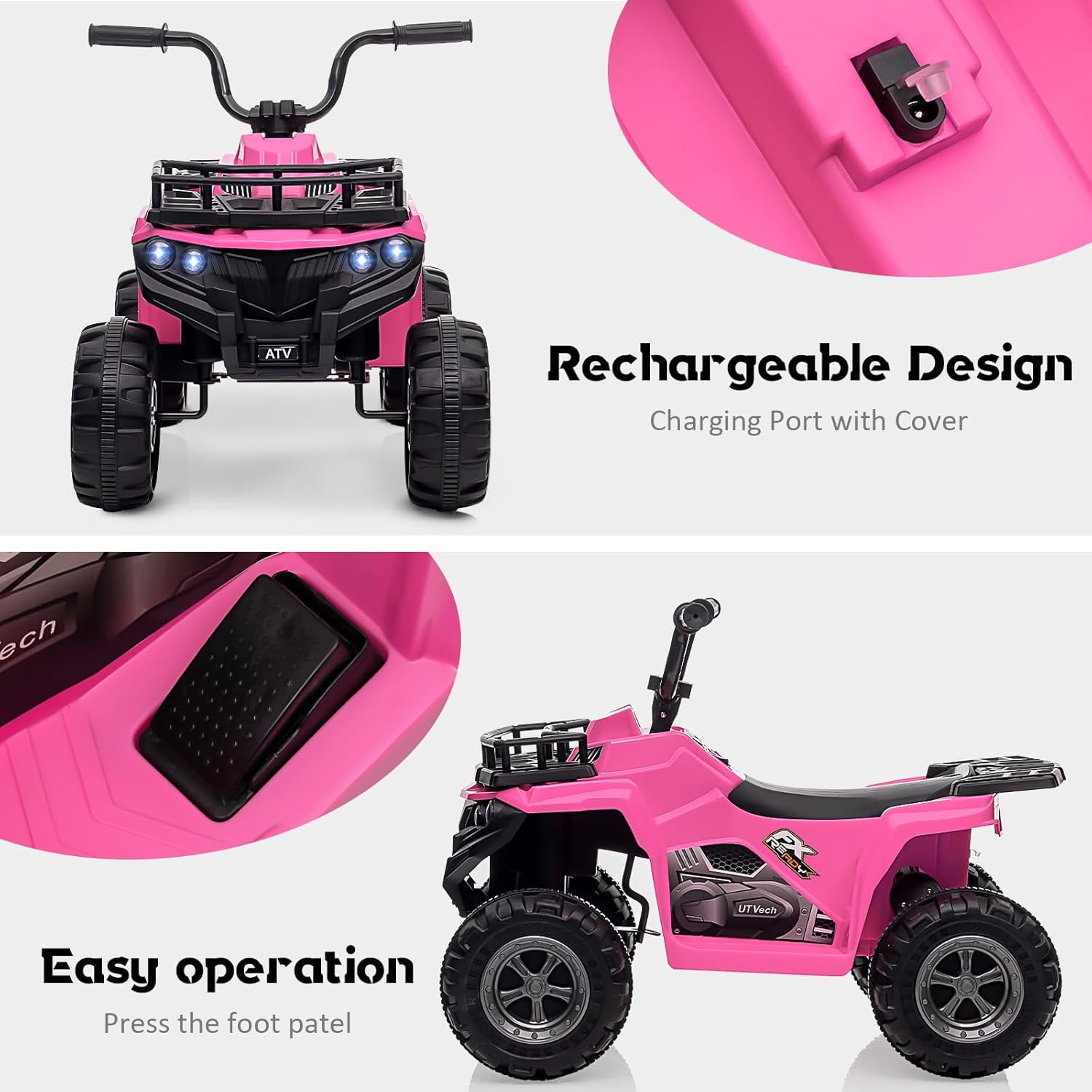Trilenars 12V ATV Electric 4 Wheeler in Pink with LED Lights,Pink