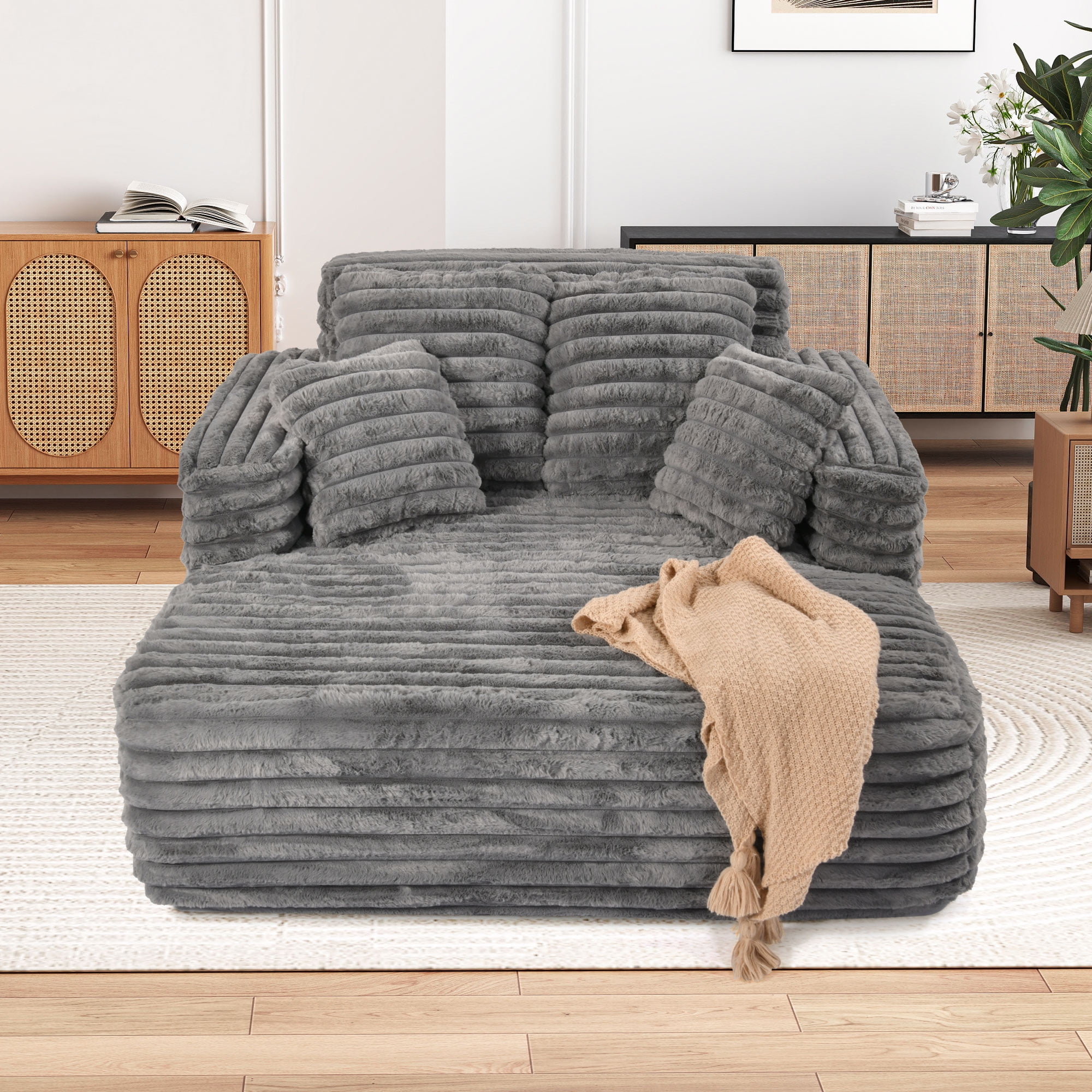 Muumblus Oversized Chaise Lounge Chair Indoor Furniture, No Assembly Required, Plush Corduroy Upholstered Sofa Bed Cozy Sleeper Couch for Living Room, Bedroom, Grey