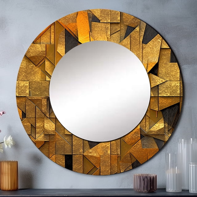 Designart "Fractal Tide in Gold and Black VI" Geometric Rund Mirror For Wall Decor - Large Gold Round Printed Mirror - Glam Round Mirror 36" x 36" Inch