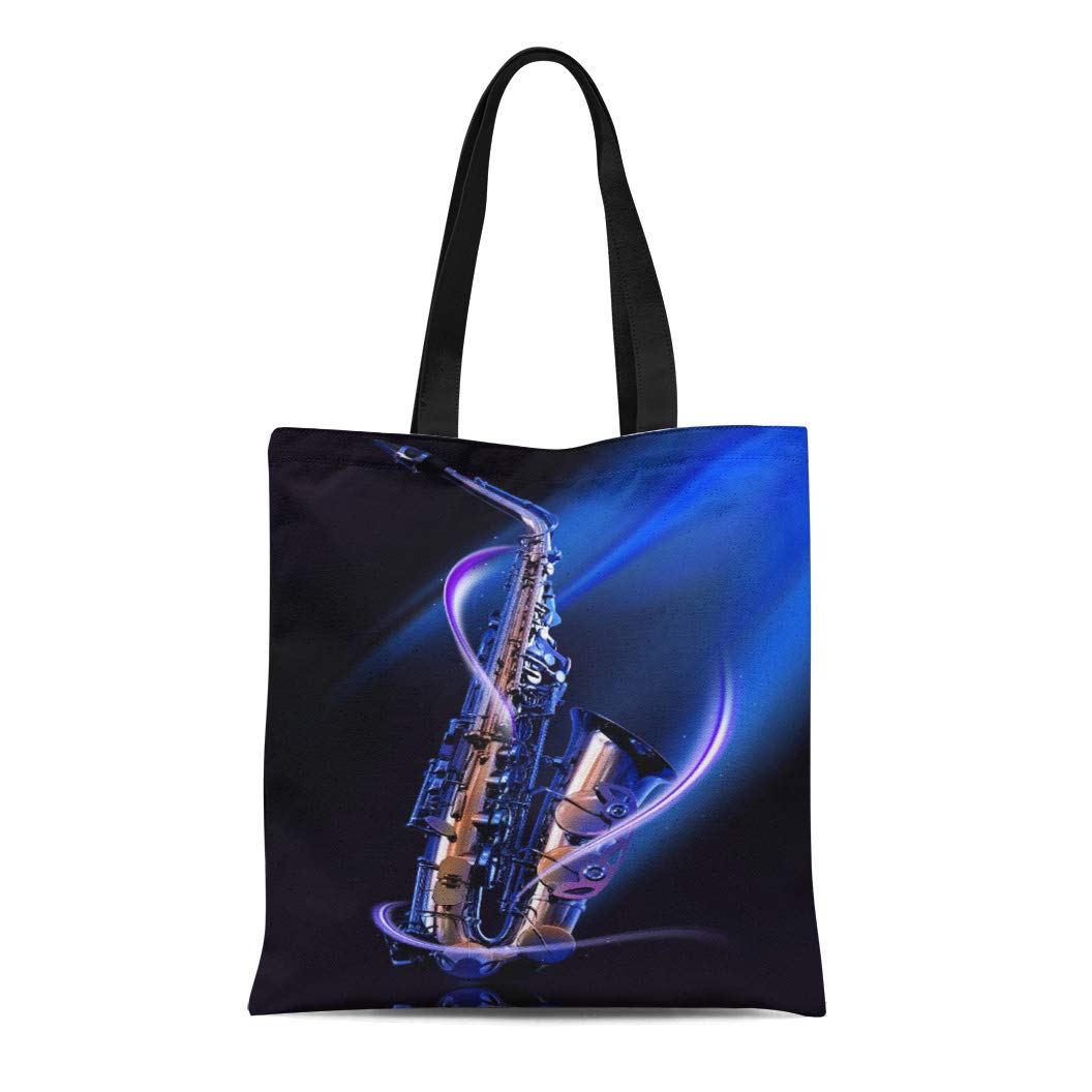 LADDKE Canvas Tote Bag Black Blue Saxophone Blues Digital Jazz Light