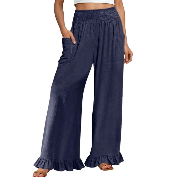 Likimi Womens Pants With Pocket Wide Leg Solid Color Elastic Waist Relaxed Fit Fashionable Trousers Navy Size S