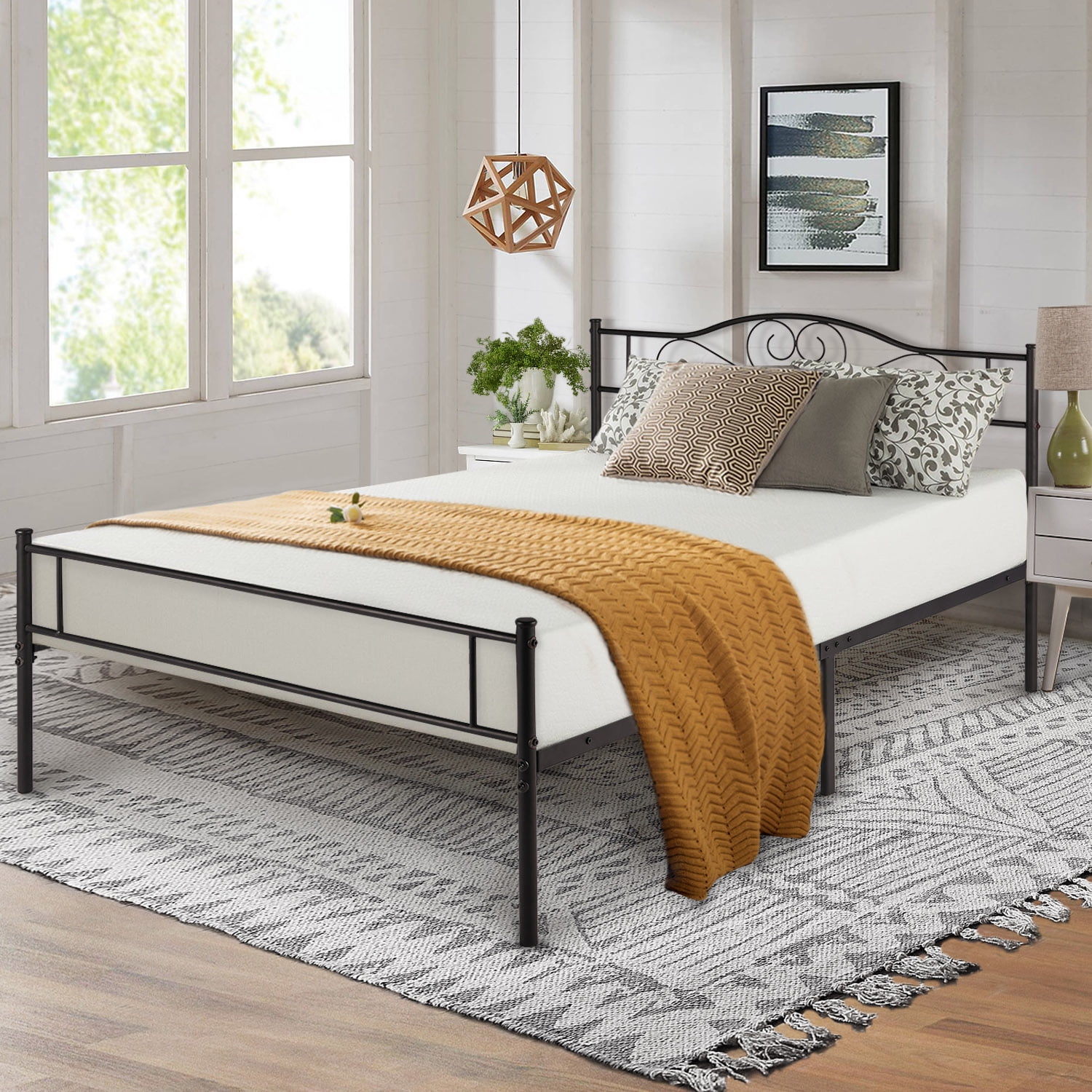 Vecelo Queen Size Metal Bed Frame With Headboard Platform Bed Framenon