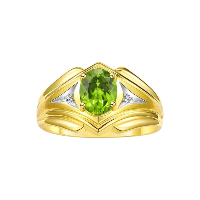 RYLOS Men's Rings 14K Yellow Gold Rings Classic Designer Style 9X7MM Oval Gemstone & Diamond Ring Peridot August Birthstone Rings For Men Size 9