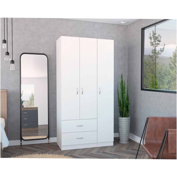 JERFIT White Armoire with 3 Doors and 2 Drawers, Freestanding Wardrobe Storage Cabinet with Shelves and Hanging Rod