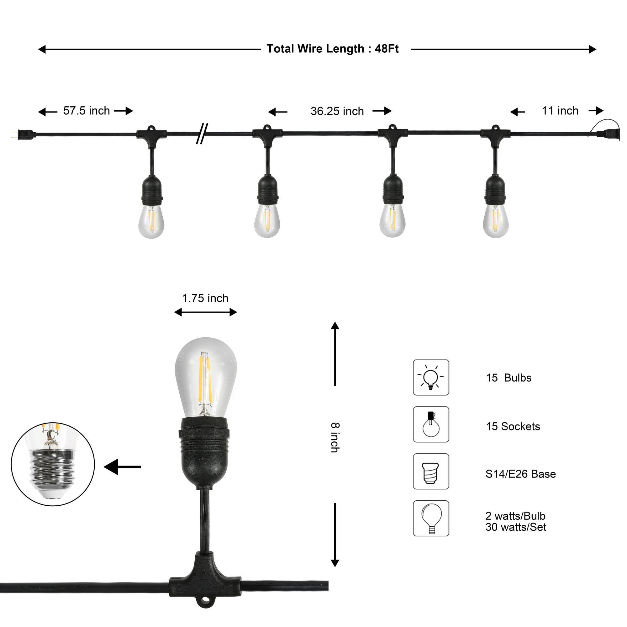 JONATHAN Y 15-Light Indoor/Outdoor 48 ft. Rustic Industrial LED S14 Edison Bulb String Lights, Black