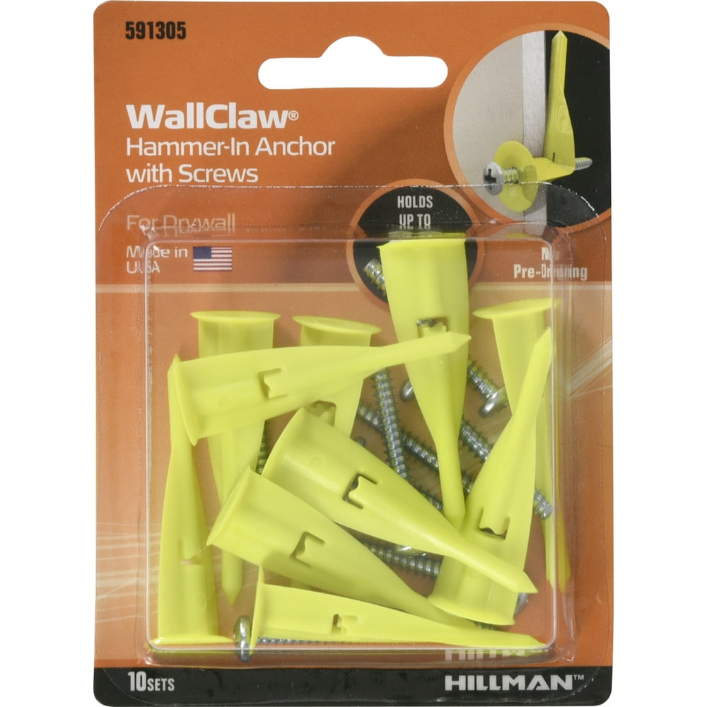 Hillman Wall Claw HammerIn Drywall Anchors with Screws 10 Pieces