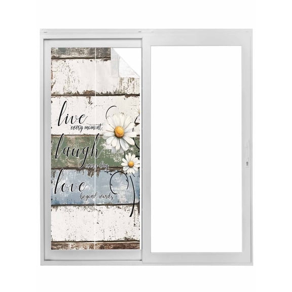 White Green Blue Window Privacy Film, Vintage Wooden Rustic White Daisy Floral Static Cling UV Sun Blocking Tint Film Heat Control Windows Films for Bedroom Bathroom, Window Stickers 29.5"x78.7"