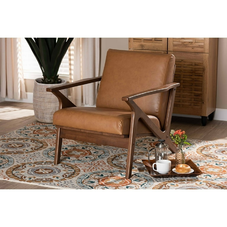 Baxton Studio Bianca Mid Century Modern Walnut Brown Finished Wood and Tan Faux Leather Effect Lounge Chair