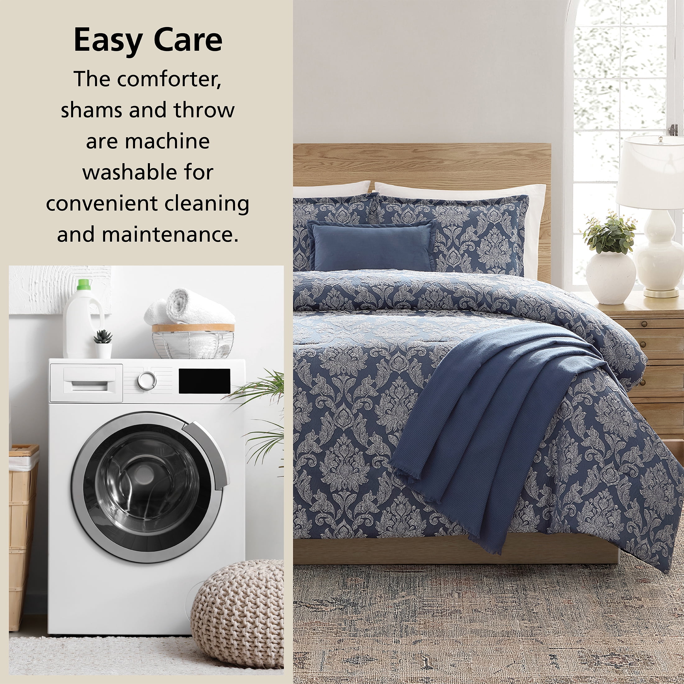 Mainstays Damask 5-Piece Jacquard Comforter Set, Blue, King