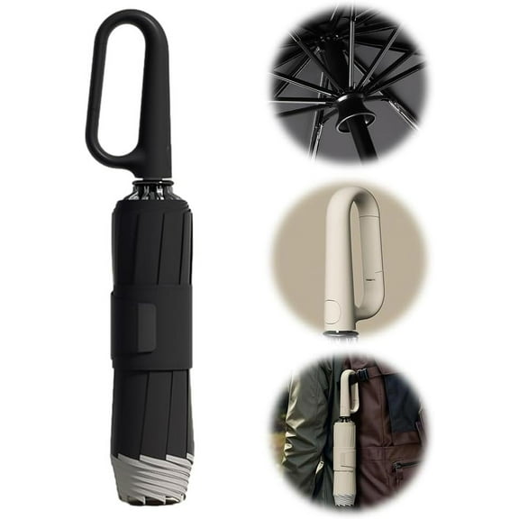 Ring Buckle Umbrella, 2025 Upgrade Windproof Reverse Folding Umbrella with Reflective Safety Strip Carabiner Handle, Portable Reverse Folding Automatic Umbrella with 10 Ribs for Sturdy Windproof