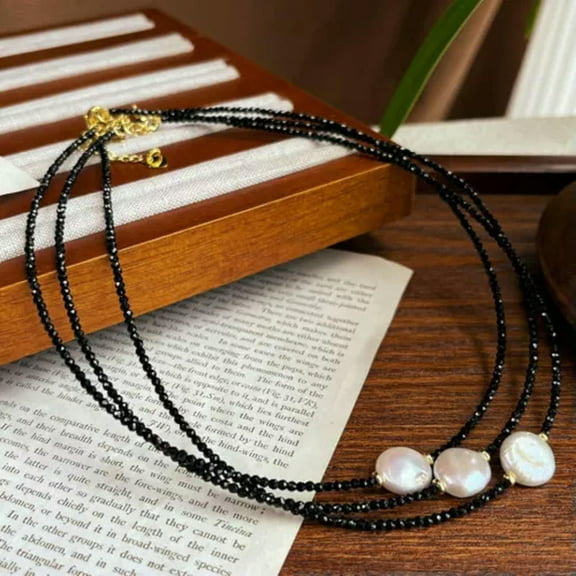 K-KED Natural 3mm Black Spinel White Coin Pearl Tiny Beads Healing Minimalist Necklace-18 in