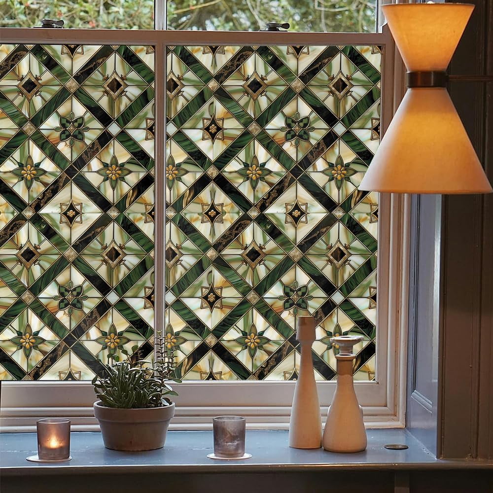 Boho Golden Vintage Geometric Dark Green Ethnic Stained Glass Window Films Decorative Double-Side Privacy Film Self-Adhesive Static Glass Window Clings for Living Room Bathroom Glass Windows Decor