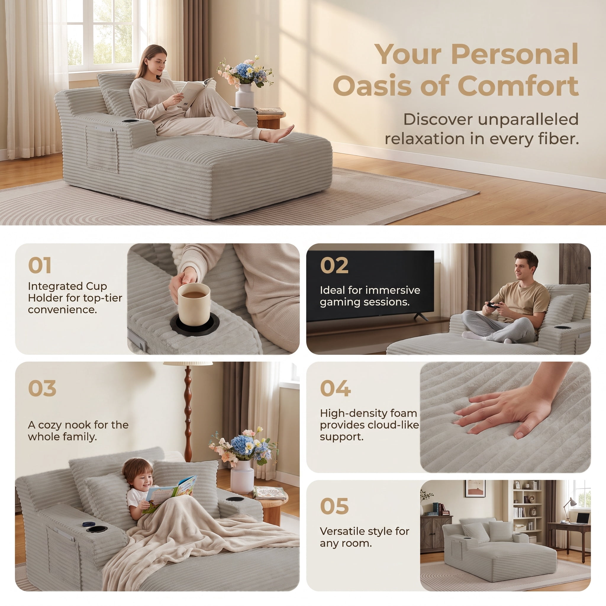ShiKeyi 66'' Chaise Lounge Chair Indoor, Boneless Sofa Cloud, Plush Corduroy Chaise Couch with Cup Holders, Side Storage Pocket & Pillows, No Assembly Required, Camel