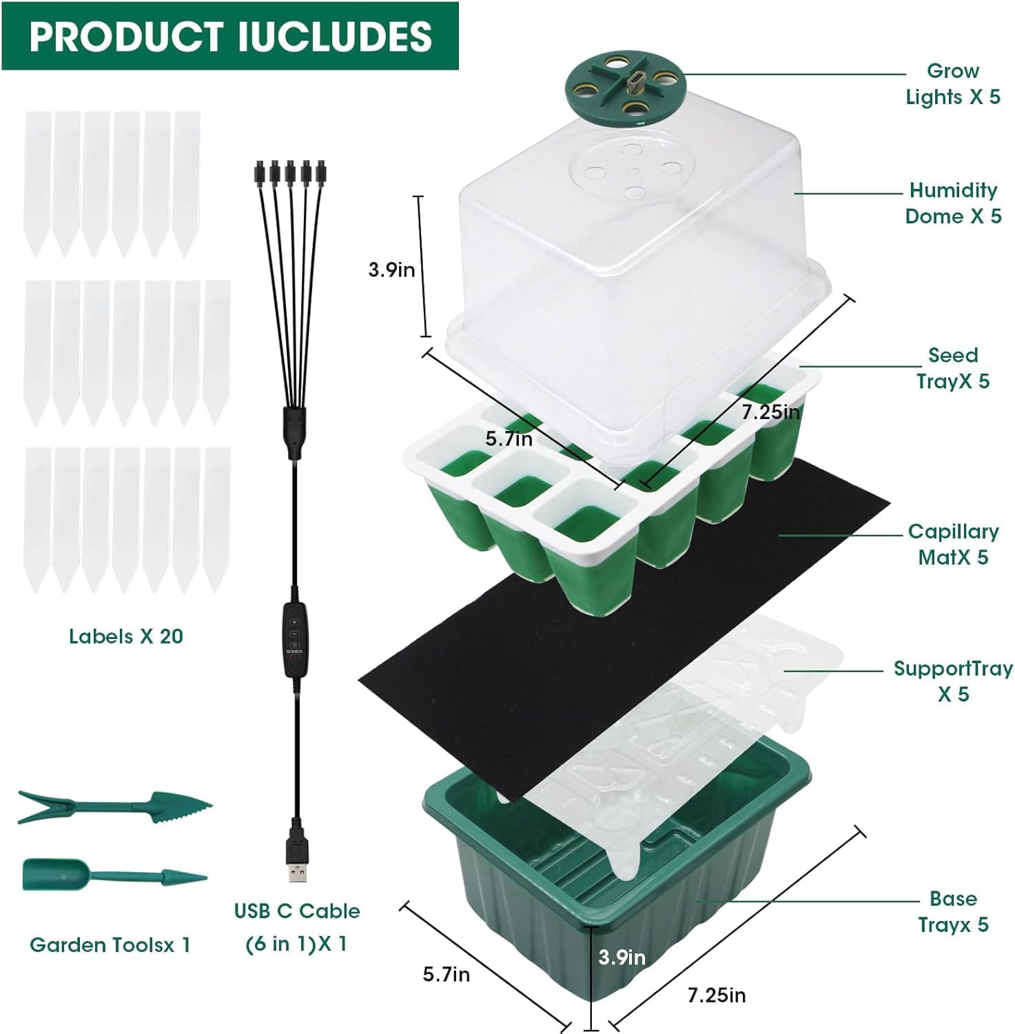 Seed Starter Tray with Grow Light,5 Pack 60 Cells Seedling Tray Kit Reusable & Dishwasher Safe for Starting Vegetable, Flower & Herb Seeds Indoor Grow Kit for Deep-Rooted Seedlings