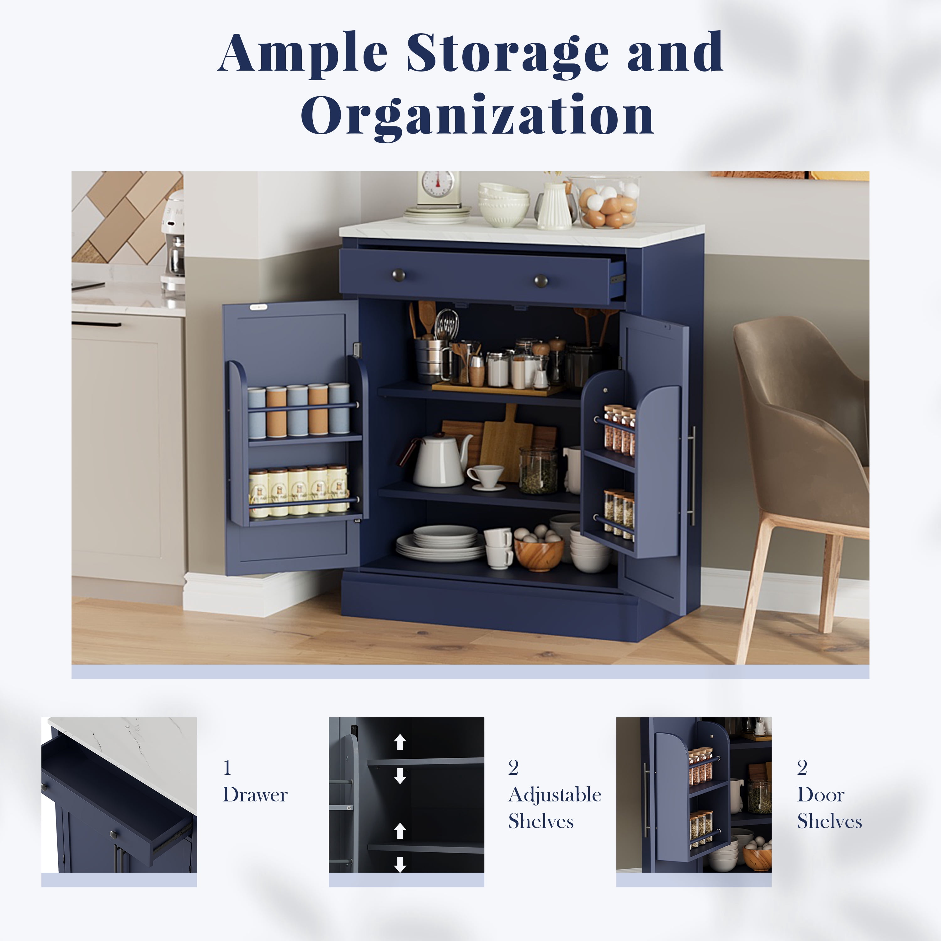 Leumius Modern Freestanding Kitchen Pantry Cabinet with Drawer, 2 Adjustable Shelves, 2 Door Shelves, Faux Marble Top, Coffee Bar Storage, Blue