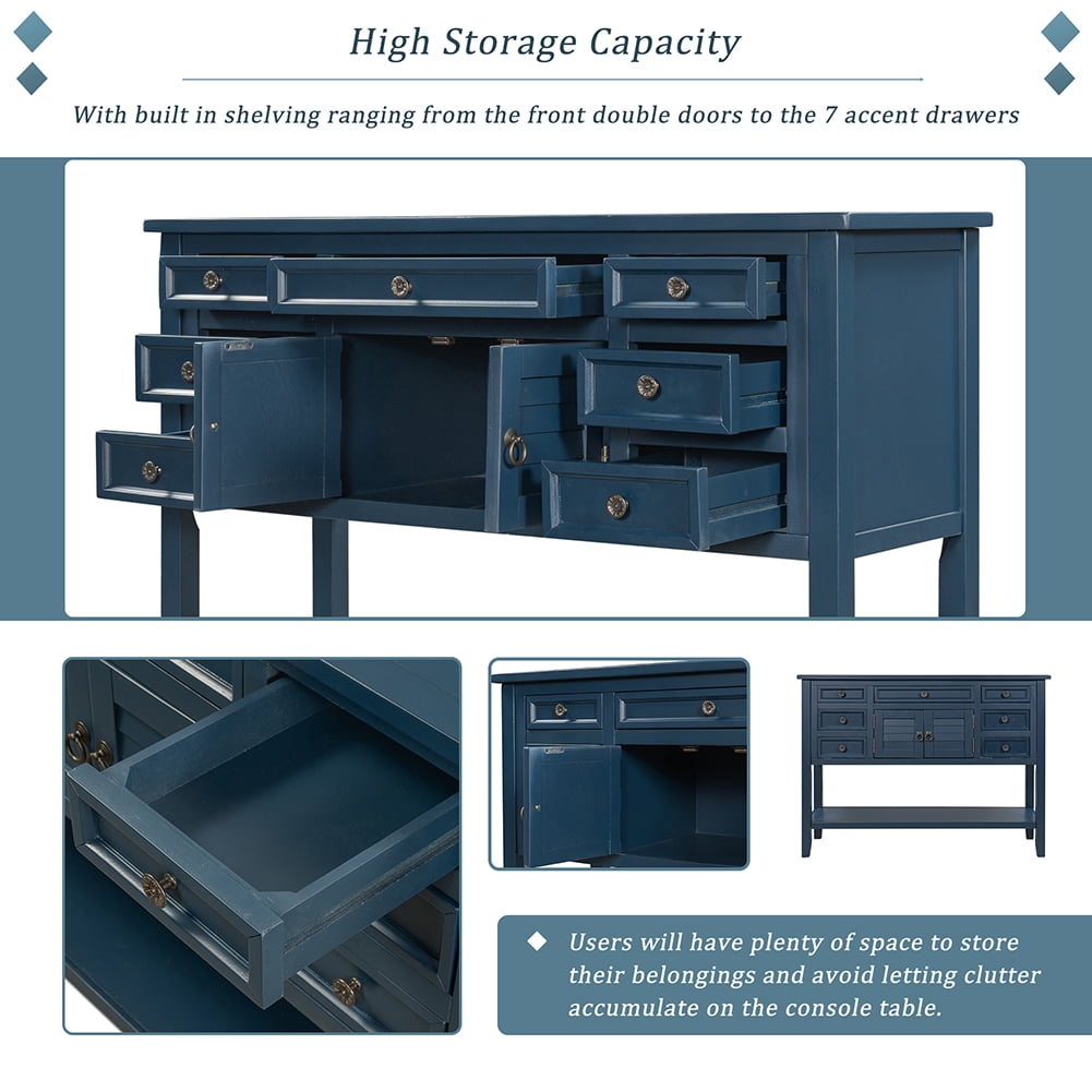 Lowestbest 45" Classic Console Table with Storage Drawers, Sofa Table with 7 Drawers, 1 Cabinet and 1 Shelf (Navy Blue) Lowestbest 45" Classic Console Table with Storage Drawers, Sofa Table with 7 Drawers, 1 Cabinet and 1 Shelf (Navy Blue)