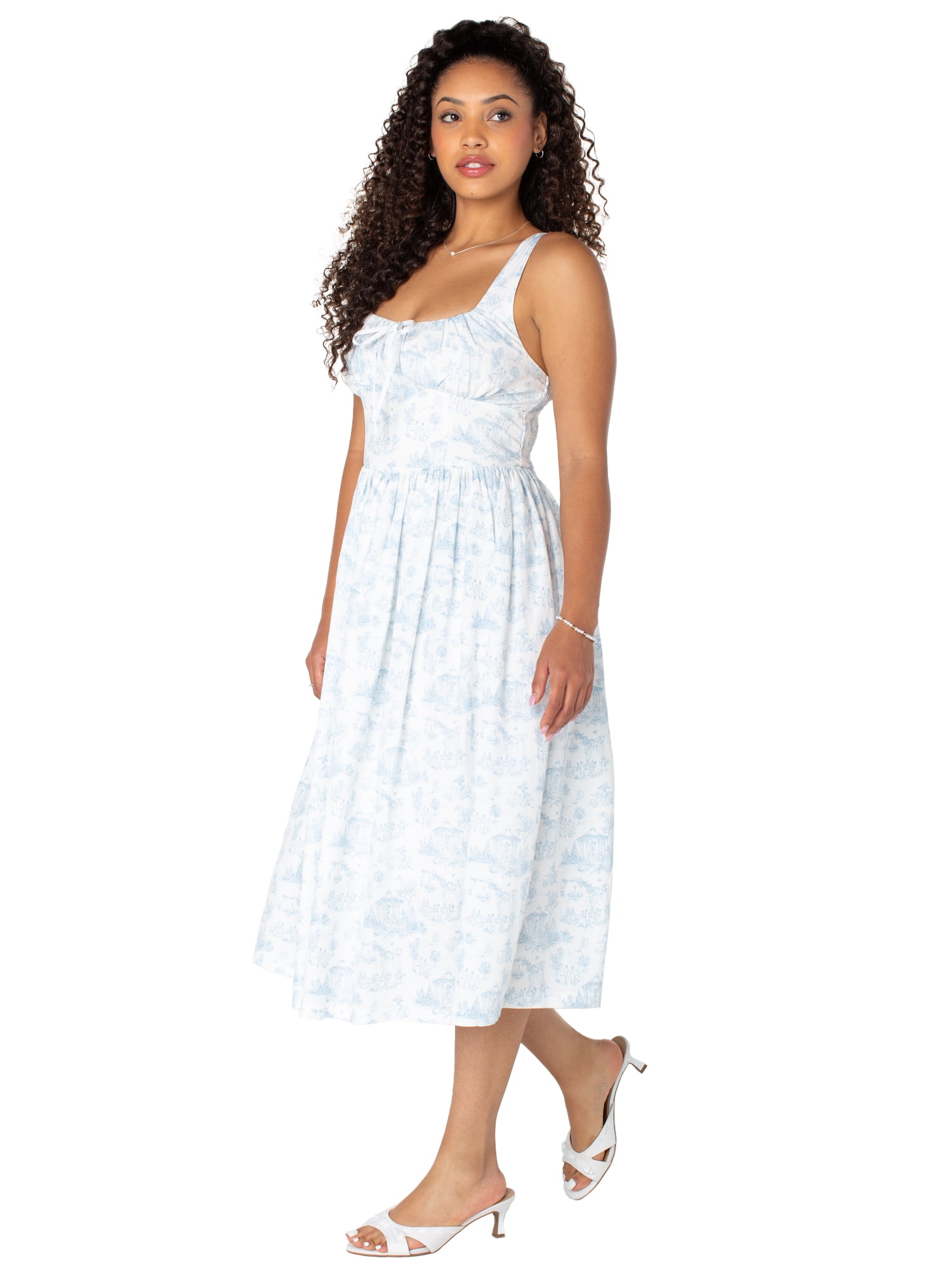 Bridgerton Celebrity Pink Women's and Women's Plus Basque Waist Midi Toile Dress, Sizes XS-4X