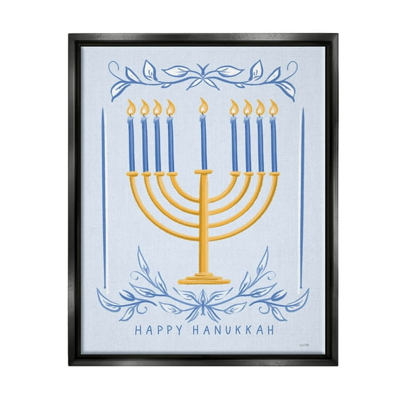 Happy Hanukkah Botanical Menorah Holiday Graphic Art Jet Black Framed Art Print Wall Art