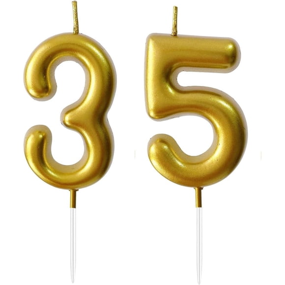 Bougies Chiffres 2,36 Pouces Cadeaux d'Anniversaire pour Femmes Hommes Décorations d'Anniversaire Bougies d'Anniversaire Chiffres Bougies Joyeux Anniversaire pour Gâteau 2 Bougie pour Femmes pour Hommes (Or, 35e)