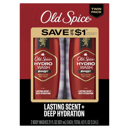 Old Spice Men's Moisturizing Hydro Body Wash, Swagger Scent, for All Skin Types, 21 fl oz, Twin Pack