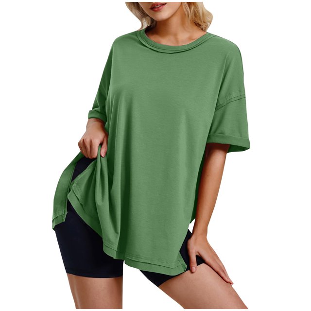 Diufon Hauts Oversize pour Femmes Printemps Été Manches Courtes Chandail à Enfiler Col Ras du Cou Chemises Décontractées Amples Blouse Fendue