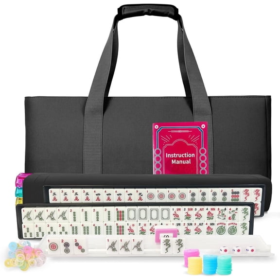 Mahjong Tile Set,166 White Tiles Mahjong Set, 4 All-in-One Rack/Pushers /3 dice, /100 Money Chips /1 Mahjong Instructions, American Mahjong Set with Black Carrying Bag