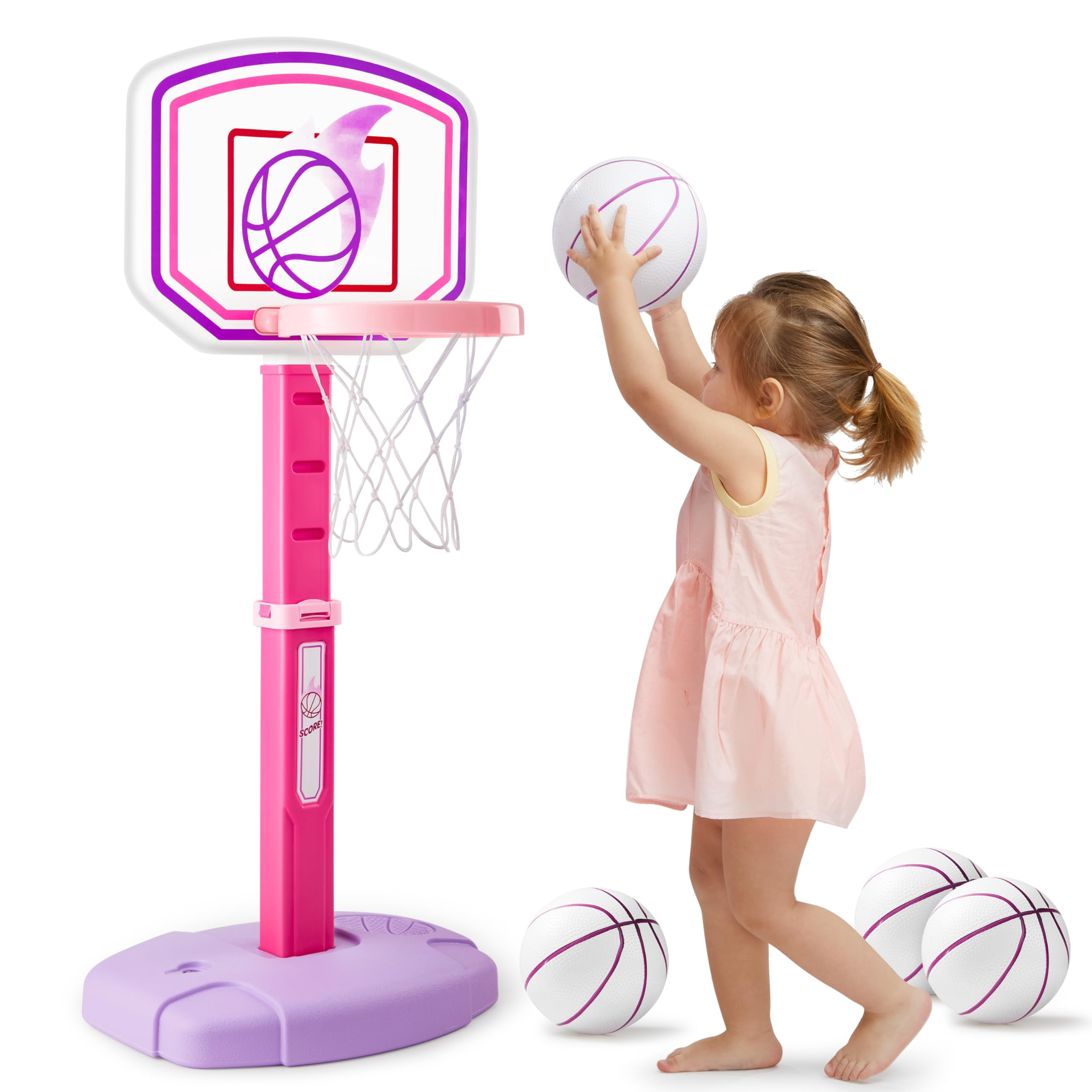 SYNCFUN Pink Basketball Hoop for Kid, Toddler Indoor Basketball Game Set, Adjustable Basketball Goal With 4 Balls for Boys Girls