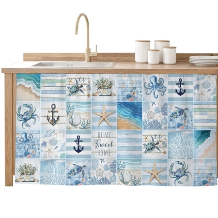 Cabinet Curtain Anchor Marine Life Kitchen Shelf Curtain Desk Under Sink Curtain Skirt Privacy Drape Cover Ocean Beach Blue Plaid Cabinet Curtains for Kitchen Shelves Laundry Room 32x55 Inch