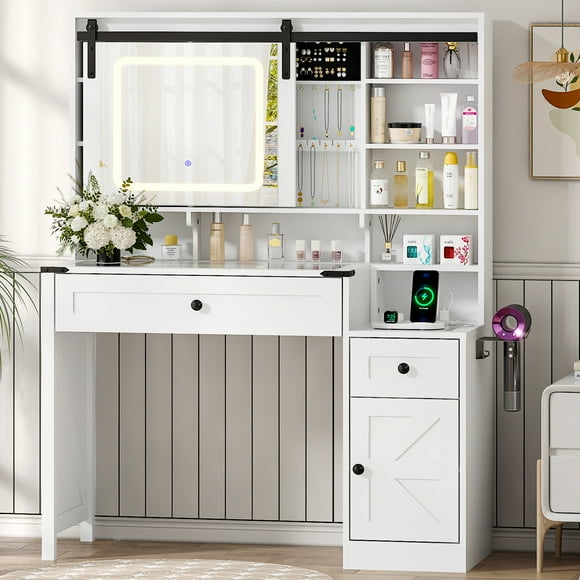 Ktaxon Farmhouse Makeup Vanity with Sliding Barn Door,  Vanity Table Set w/ Lighted Mirror, White