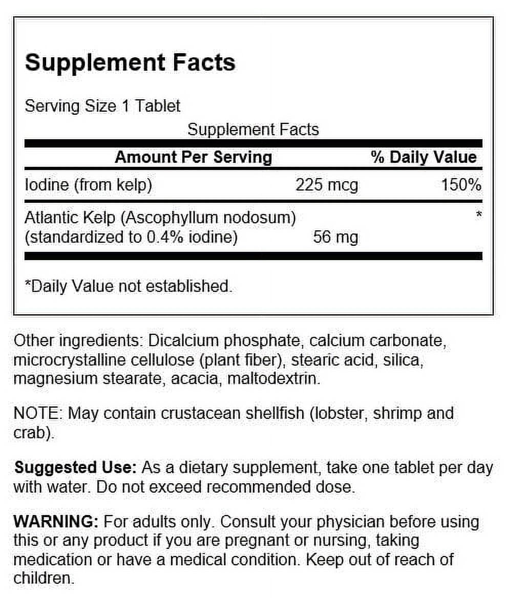 Swanson Kelp - Natural Iodine Source Supporting Thyroid Health - Mineral Supplement w/ Iodine Source Standardized 0.4% - (250 Tablets, 225mcg Each) (2 Pack)