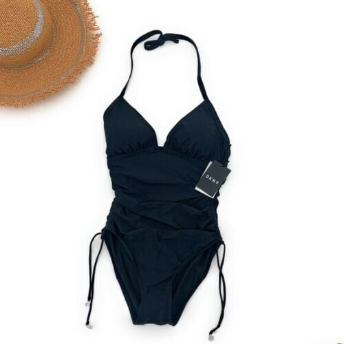 DKNY Womens Adjustable Side Halter One-Piece Swimsuit Cobalt Black Size 10/12/18