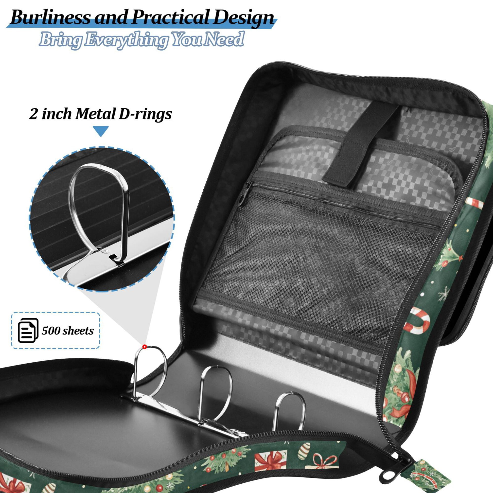 FORMRS Zipper Binder with Shoulder Strap 2-inch Ring 500 Sheet Capacity File Bag, Green Christmas Trees
